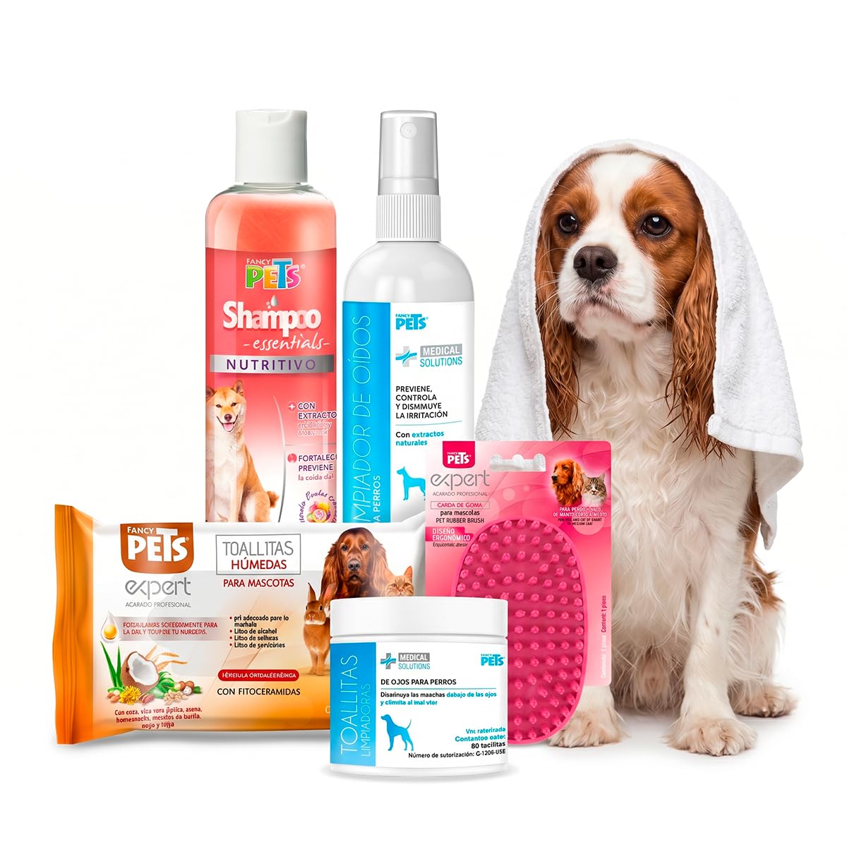 Fancy Pets MS Kit de Limpieza Básica para Perros con Limpiador de Oídos 125 ml, Toallitas para Ojos 80 pzas, Toallitas Húmedas 40 pzas, Removedor de Pelo y Shampoo Nutritivo 250 ml