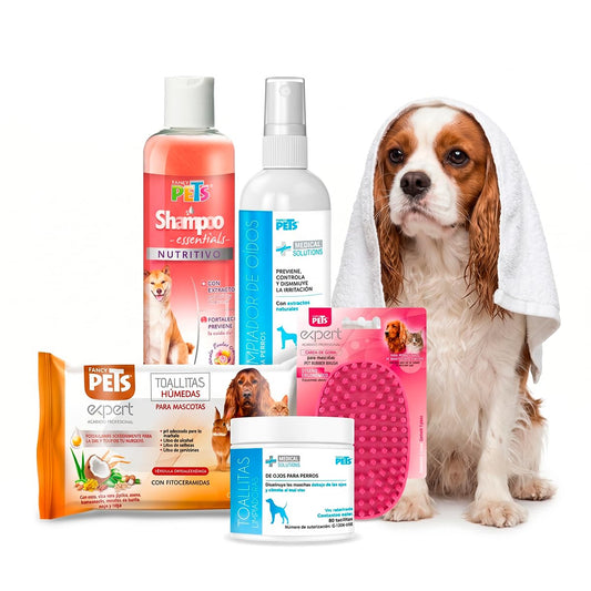 Fancy Pets MS Kit de Limpieza Básica para Perros con Limpiador de Oídos 125 ml, Toallitas para Ojos 80 pzas, Toallitas Húmedas 40 pzas, Removedor de Pelo y Shampoo Nutritivo 250 ml