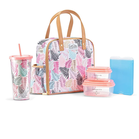 Fit & Fresh - Wichita - Lonchera térmica con bolsa lateral y asas de transporte, kit de almuerzo completo que incluye vaso a juego, 2 recipientes y paquete de hielo - Palma colorida
