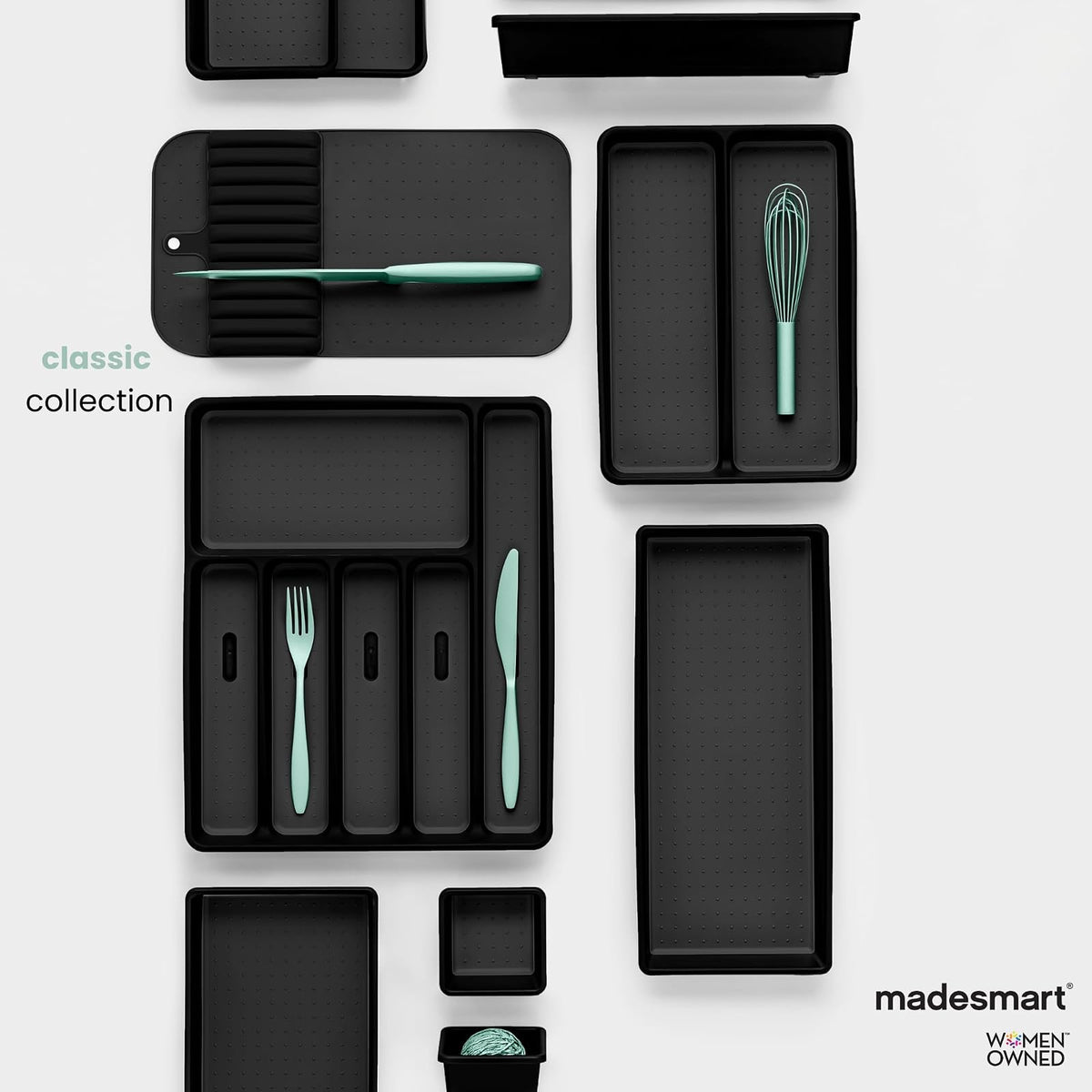 Madesmart Classic - Alfombrilla de cuchillo grande con agarre suave, cajón antideslizante, organización duradera para el hogar, sin BPA, color blanco