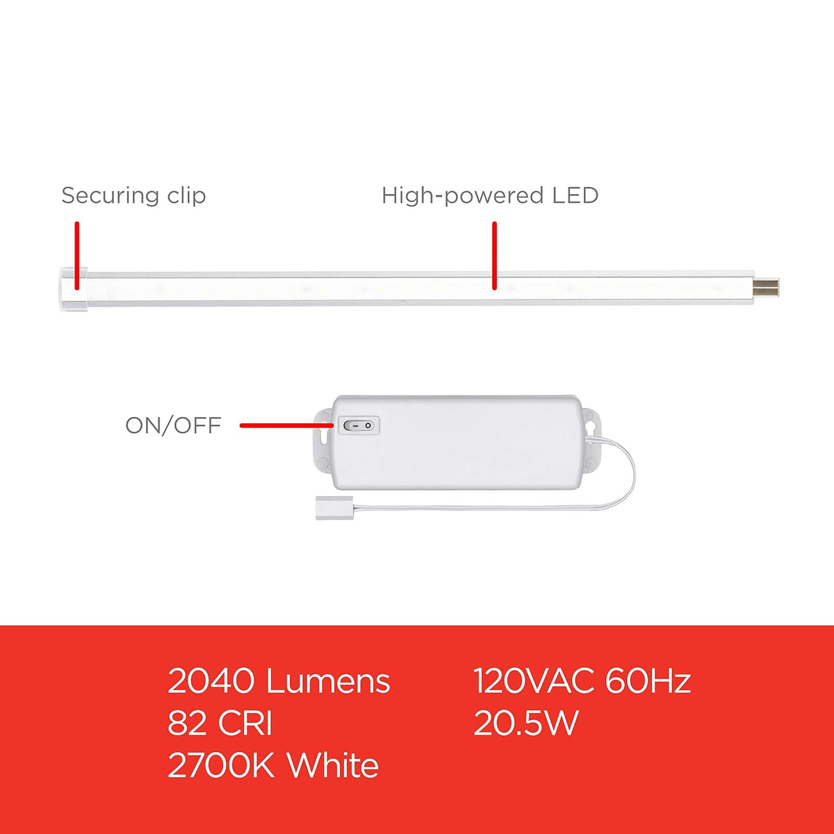 UltraPro 10 pulgadas. Tiras de LED enlazables, paquete de 6, 1360 lúmenes, luz blanca cálida 2700K, bajo voltaje, iluminación debajo del gabinete, luz de tira, enchufe plano, 44415