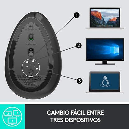 Logitech MX Vertical Mouse Inalámbrico Ergonómico, Multi-Computadora, 2,4 GHz/Bluetooth con Receptor Unifying USB, Seguimiento Óptico 4000 dpi, 4 Botones, Carga Rápida, Portátil/PC/Mac/iPad OS - Negro.