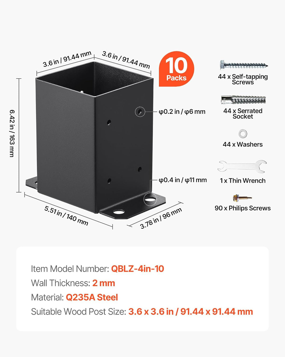 VEVOR 10 Piezas Soportes para Postes de Madera 4" x 4"(102x102 mm) Base Interna de Poste de Acero al Carbono para Anclaje de Poste con Recubrimiento en Polvo para de Soporte, Terraza, Negro