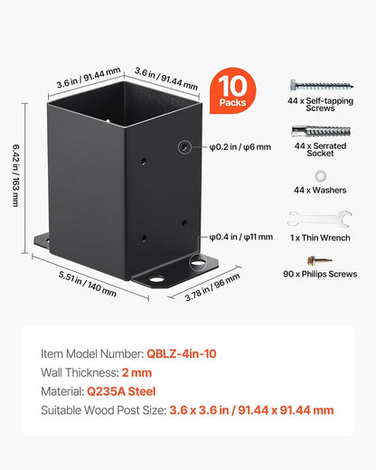 VEVOR 10 Piezas Soportes para Postes de Madera 4" x 4"(102x102 mm) Base Interna de Poste de Acero al Carbono para Anclaje de Poste con Recubrimiento en Polvo para de Soporte, Terraza, Negro