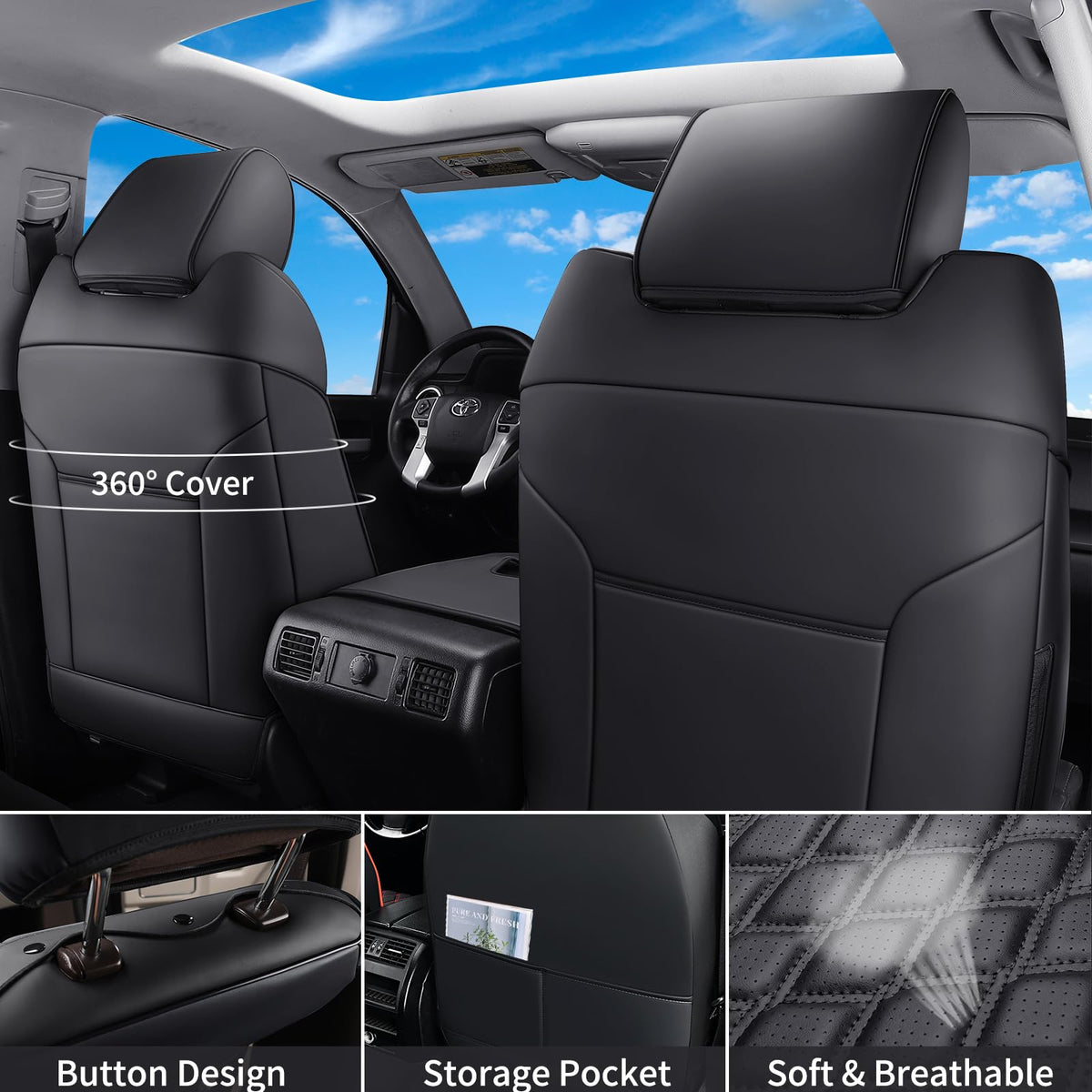 Huidasource Tacoma - Fundas de Asiento Delantero para automóvil de Cobertura Completa, Funda de Asiento de camión Negro para automóvil de Doble Cabina 2005-2015, 2ª generación, Base de Toyota Tacoma