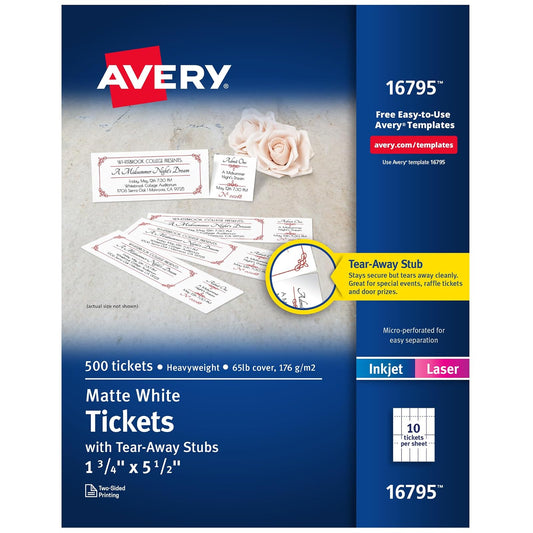 Avery - Entradas imprimibles en blanco, talón que se separa, boletos perforados de rifa, Paquete de 500, Blanco, 500 cards