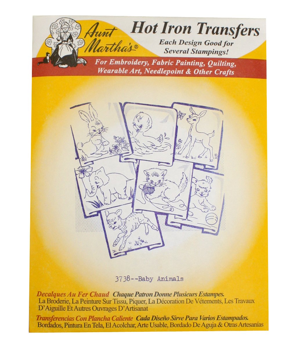 Aunt Martha's Patrones de transferencia de planchado para costura, bordado o pintura de tela, bonitos patrones de animales vintage para paños de cocina o acolchado, juego de 5
