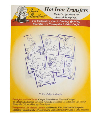 Aunt Martha's Patrones de transferencia de planchado para costura, bordado o pintura de tela, bonitos patrones de animales vintage para paños de cocina o acolchado, juego de 5