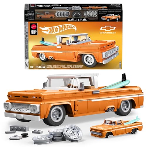 Hot Wheels Brick Shop Juguete de Construcción Custom Chevy '62 Pickup 1:16 | Serie Elite; incluye motor expuesto, calcomanías, placa de colección y auto de metal, para coleccionistas