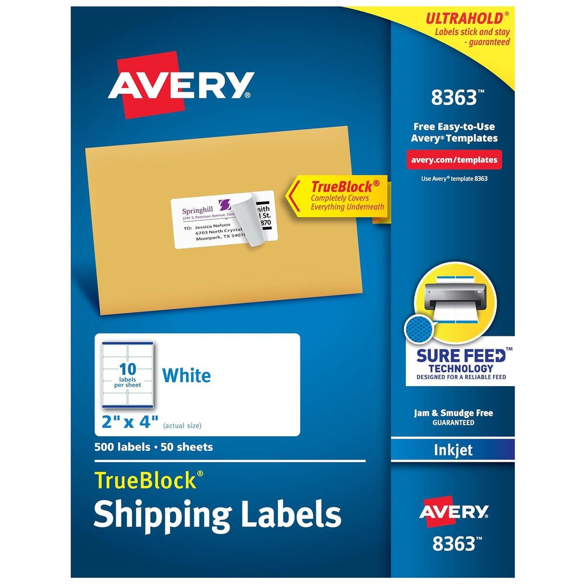 Avery 8363 Etiquetas de envío imprimibles, tecnología Sure Feed, 2 x 4 pulgadas, blancas, 500 etiquetas de correo en blanco