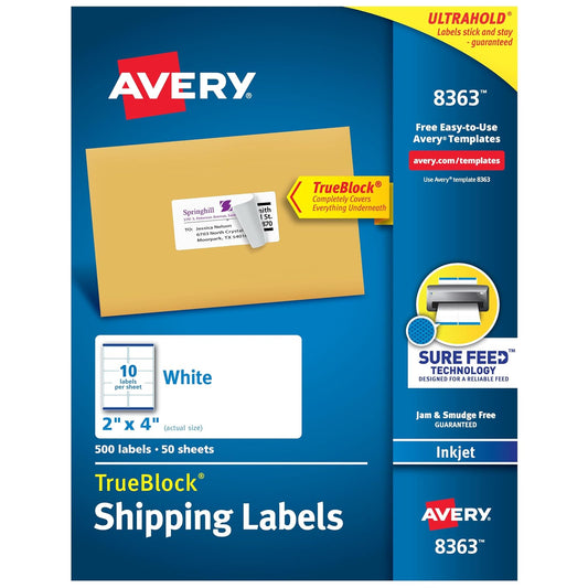 Avery 8363 Etiquetas de envío imprimibles, tecnología Sure Feed, 2 x 4 pulgadas, blancas, 500 etiquetas de correo en blanco