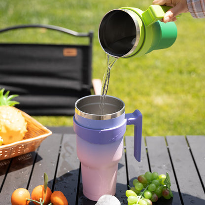 BJPKPK - Vaso de 30 onzas con asa y popote de acero inoxidable para viaje, vaso aislado con tapas, puesta de sol pastel