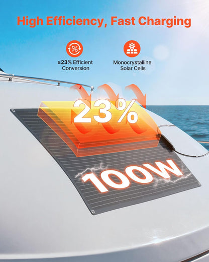 VEVOR Panel Solar Flexible Monocristalino de 100 W, Cargador Monofásico Fuera de Red con Eficiencia del 23% y Salida MC4, para Superficies Curvas de Cabinas de Vehículos Recreativos y Marinos