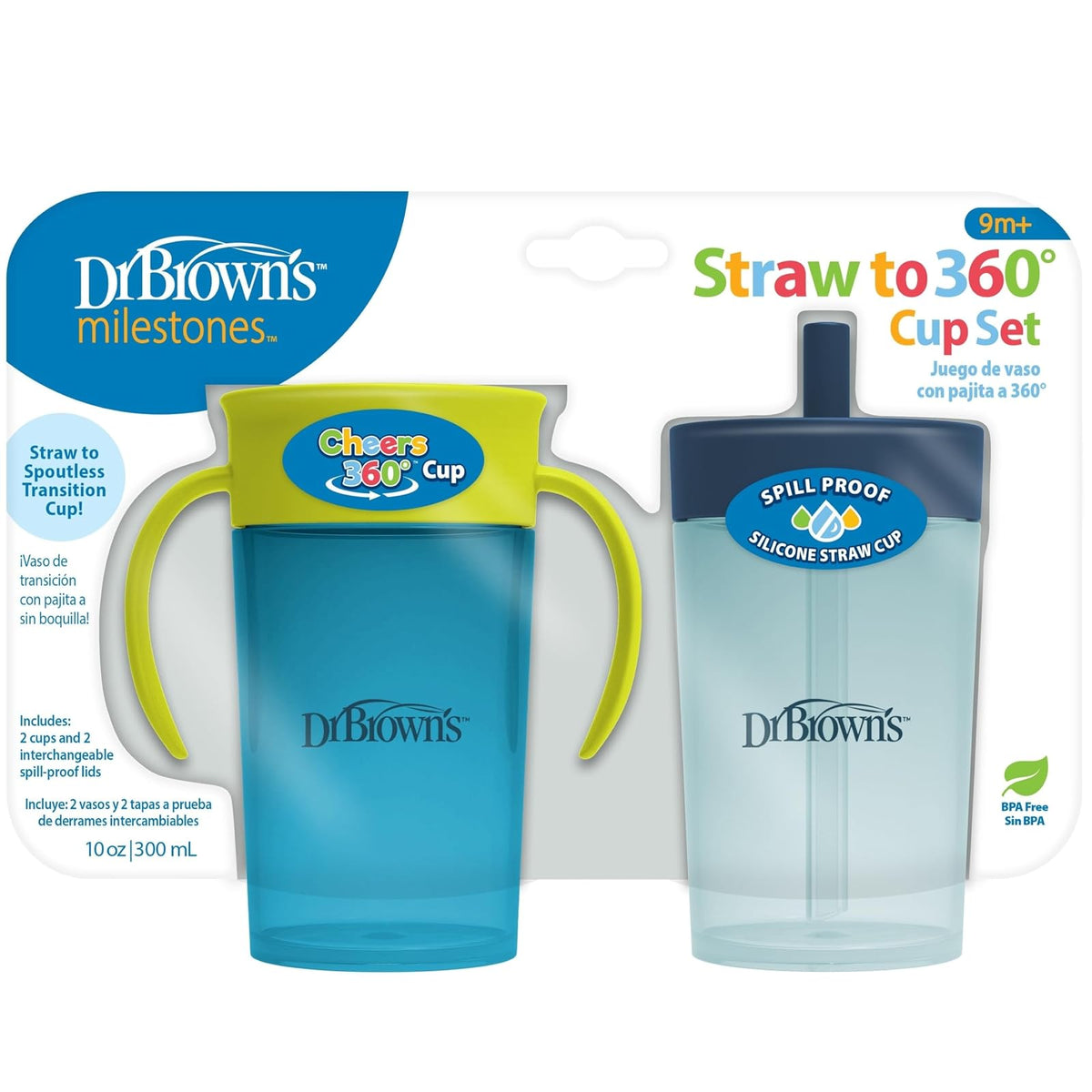 Dr. Brown's Milestones Juego de Taza Paja a 360°, Paquete de 2 - Verde Azul - 10 Ounces