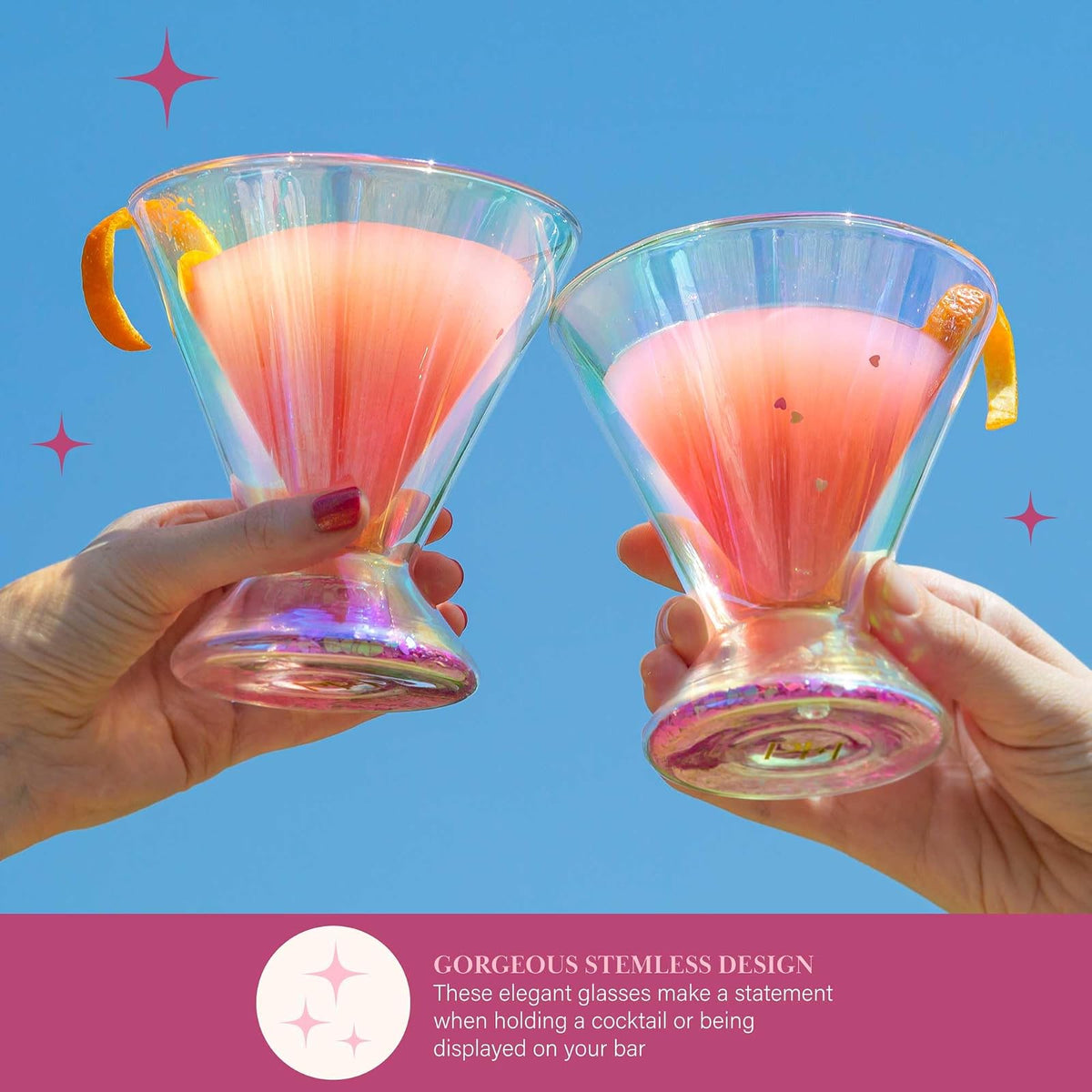 Paris Hilton - Juego de 2 piezas, diseño de vidrio de doble pared, para martinis, cócteles, cosmopolitanos, margaritas, 207 ml, 7 onzas, iridiscente con corazones de purpurina