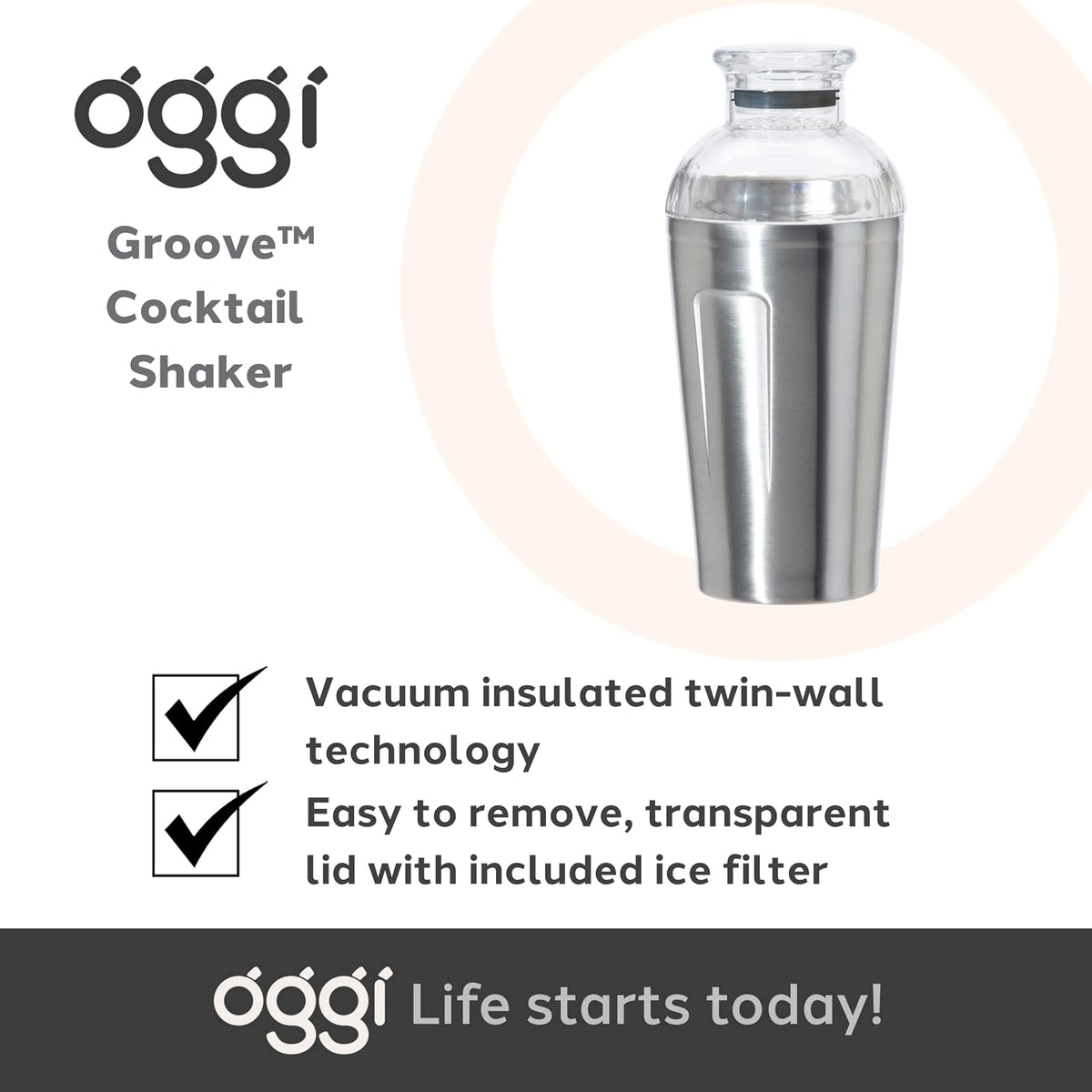 Oggi Groove - Coctelera aislada de acero inoxidable, de doble pared aislada al aspiradora, de 16 onzas, tapa Tritan tiene colador integrado, mezclador de cóctel ideal, coctelera Martini, coctelera Margarita, acero inoxidable