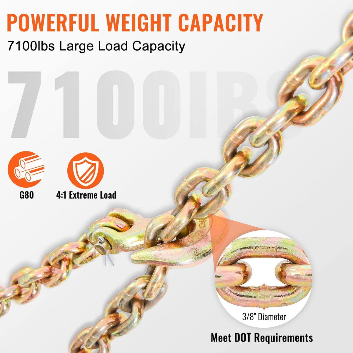 VEVOR Cadenas de Transporte con Ganchos Cadenas de Remolque G80 Capacidad de Carga de 3220 kg 9,53mm x 6m Recubrimiento Galvanizado Acero al Manganeso para Sitio de Construcción, Muelle, Fábrica