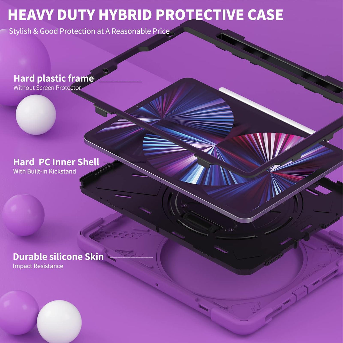 ORIbox Corsair Case for iPad Air (5th/4th) Case & iPad Pro 11-in.(4th/3th/2rd/1st) Case, Heavy Duty Rugged Protective, 3 in 1 Shockproof Bumper with 360degree Kickstand/Hand Strap, Corsair Purple