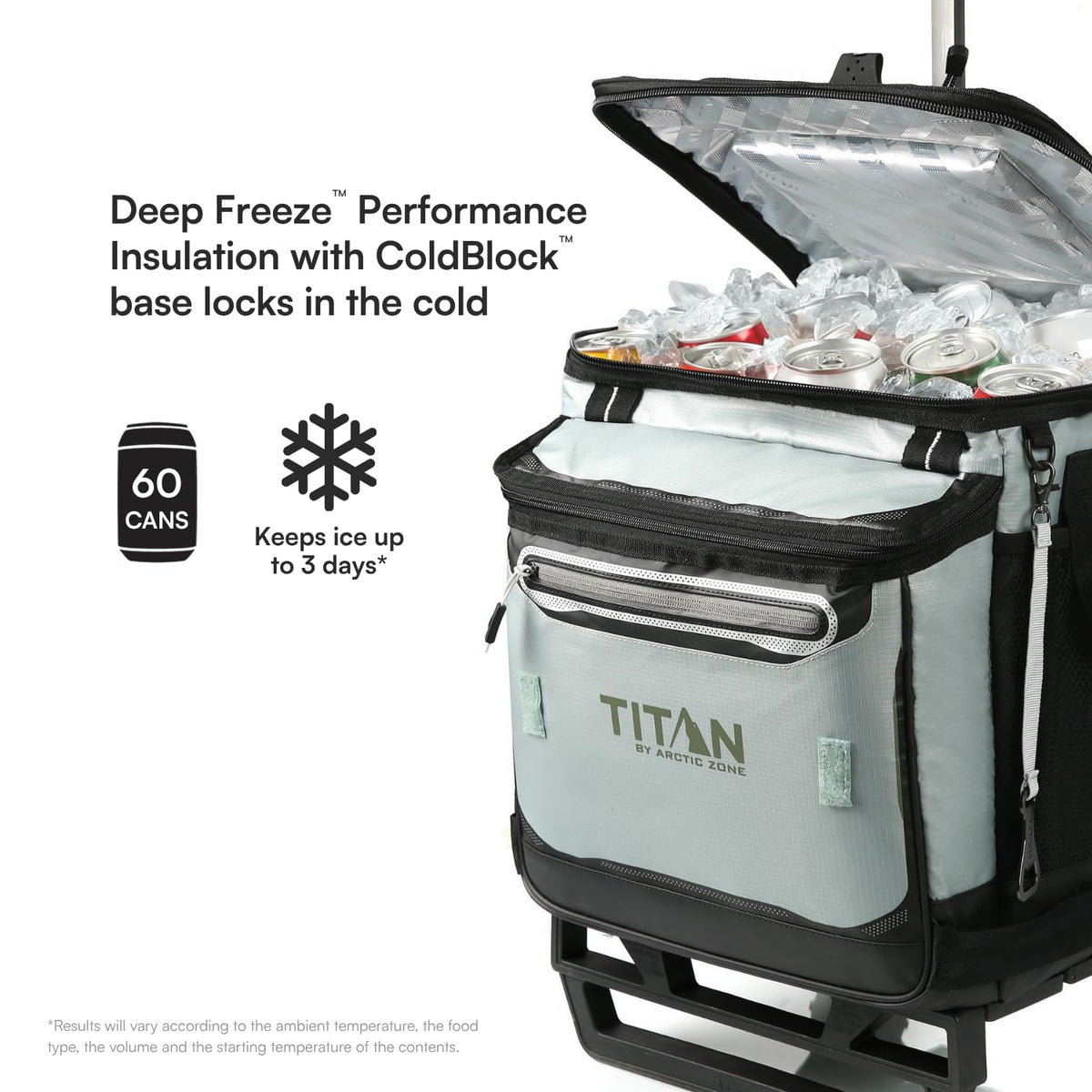 Titan Deep Freeze 60 (50+10) Can Wheeled Cooler - Collapsible Rolling Cooler with Wheels and All-Terrain Cart