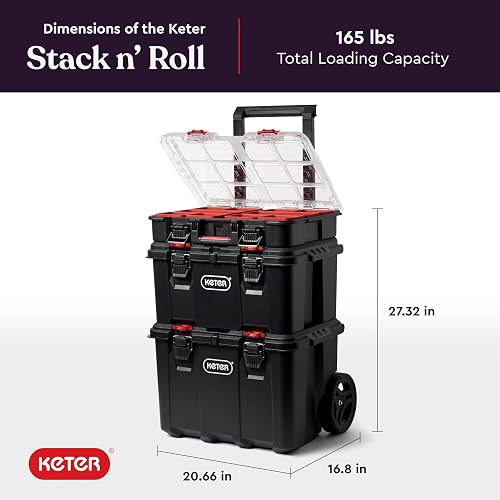 Keter Stack-n-Roll Organizador de herramientas modulares para almacenamiento de cochera y bricolaje, sistema de caja de herramientas rodante de resina de 3 piezas para piezas pequeñas
