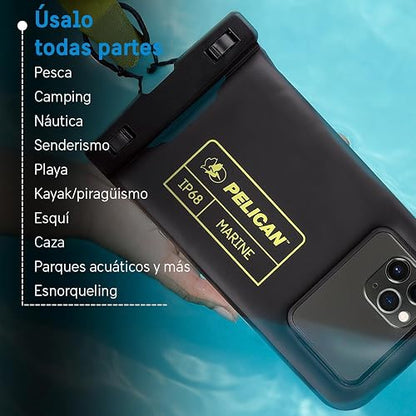 Pelican Marine - Funda Impermeable para teléfono IP68 (tamaño estándar) Funda Flotante Impermeable para teléfono - Imprescindible para Viajes en cruceros de Playa - Black/Hi-Vis Yellow