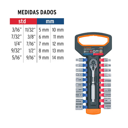 Truper JD-1/4X21MP, Juego de dados milimétricos y estandar con matraca cuadro 1/4"