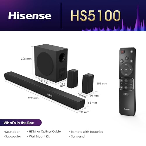 Hisense Barra de Sonido HS5100, 540W de Potencia Total de Salida,subwoofer inalámbrico,Altavoces envolventes Traseros