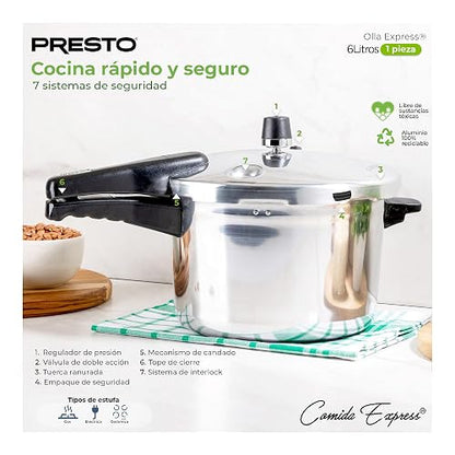 Presto | Olla Express de 6 Litros Aluminio con 7 Sistemas de Seguridad | Cuerpo y tapa de aluminio, Cocción rápida, Certificado NOM, Cocina saludable