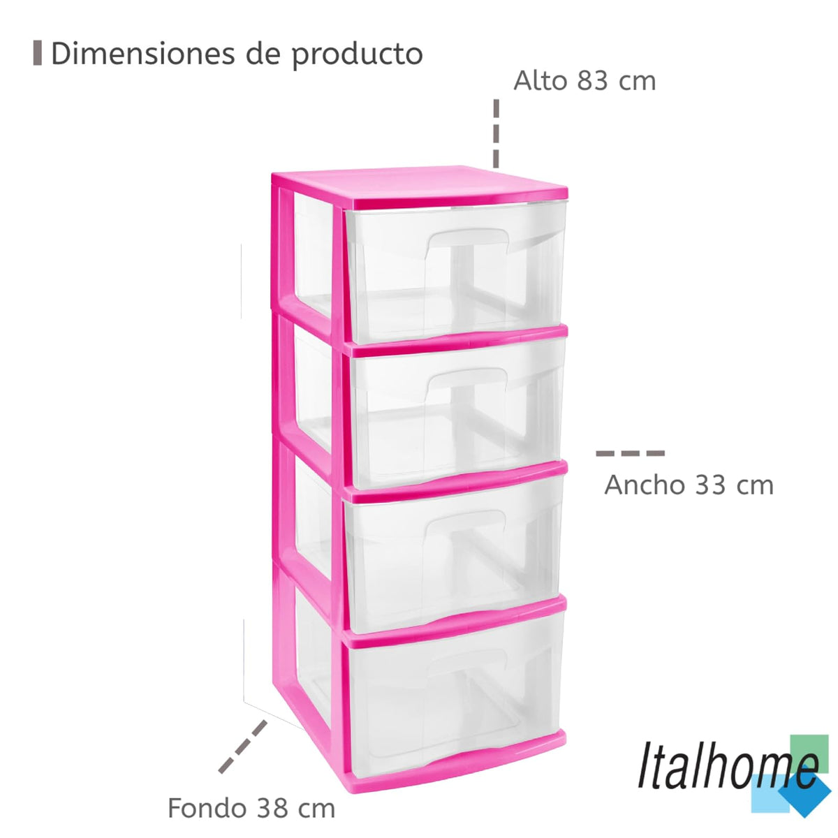 Italhome Cajonera ONYX 4 de Plástico Rosa con 4 Cajones Transparentes, Organizador Multiusos para Recámara, Oficina o Cocina