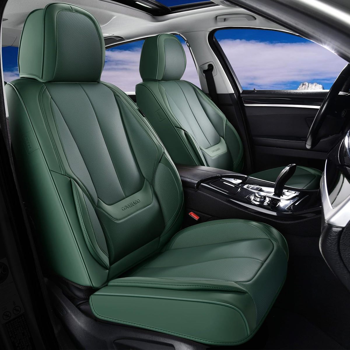 Coverado Fundas de Asiento de Coche, Fundas de Asiento Delantero, Funda de Asiento de Coche, Protector de Asiento de Coche, Impermeable, cojín de Asiento de Coche, Funda de Asiento de Coche, Ajuste - Verde - Frente