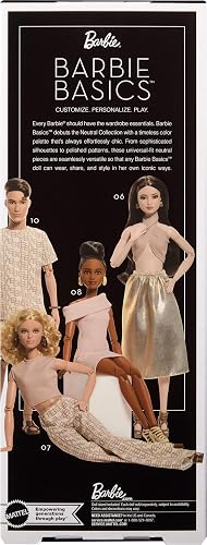 Barbie Basics Modelo 08 - Muñeca de Moda Coleccionable con Pelo Moreno, Vestido marrón con Escote y Sandalias, Ajuste Universal y Cuerpo Hecho a Mano, Regalo Ideal para el día de la Madre, JJX27