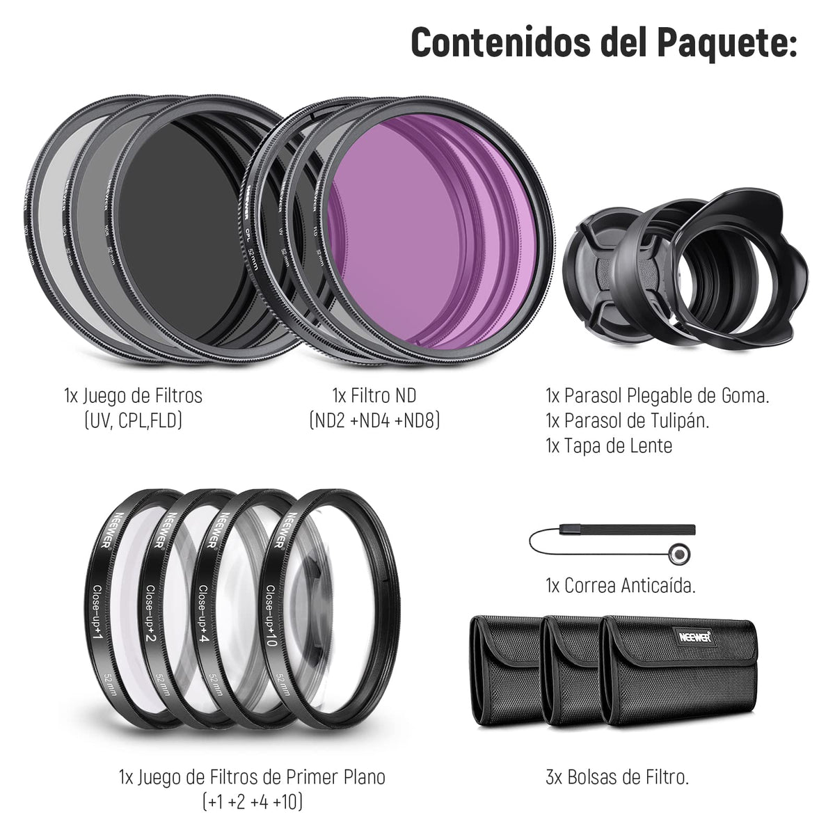 NEEWER 52mm Filtro de Lente y Kit de Accesorios:UV/CPL/FLD Filtros,Primeros Planos Macro Juego de Filtros (+1,+2,+4,+10) y Juego de Filtros ND(ND2 ND4 ND8) Compatible con Sony Alpha A3000, NEX Series