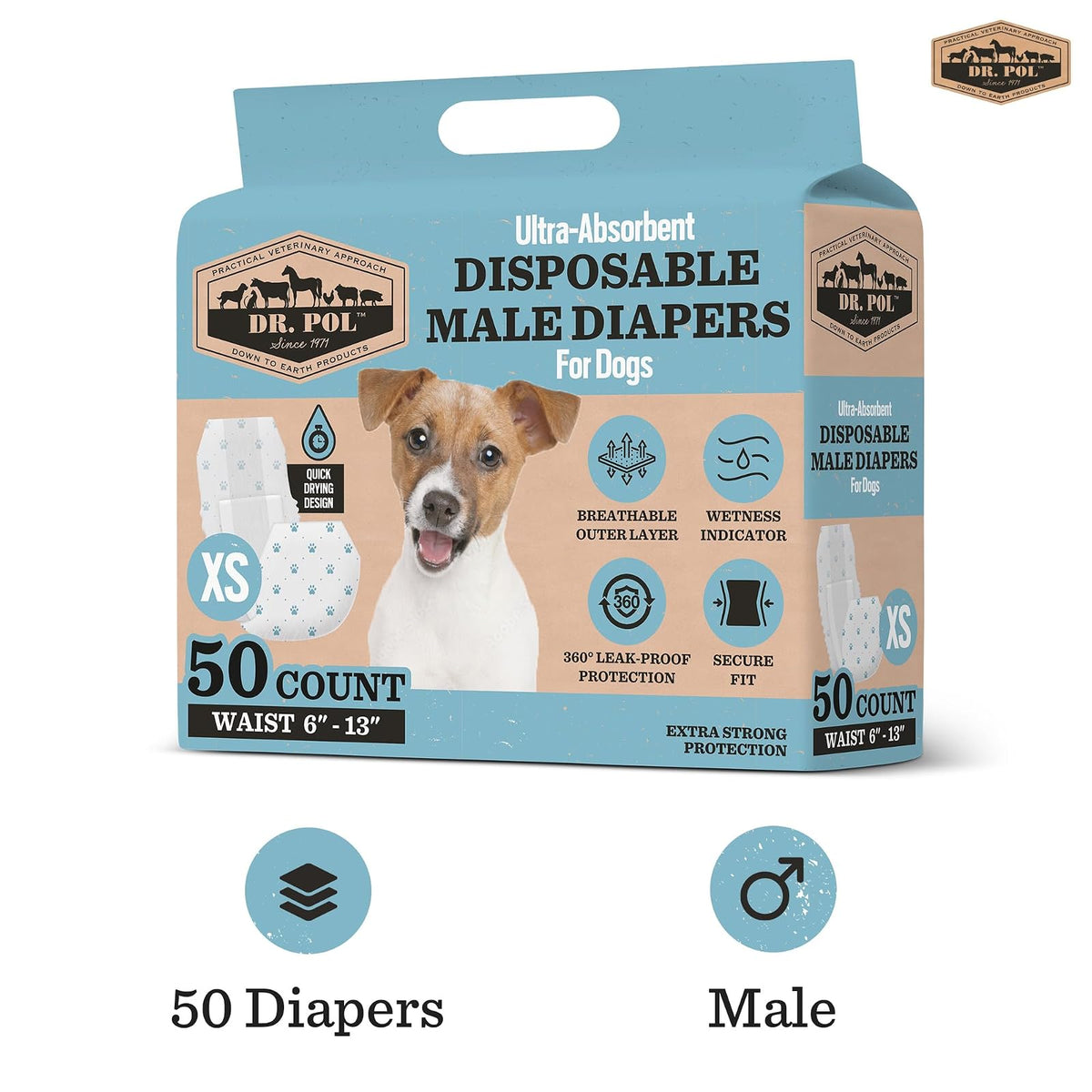 Dr. Pol - Pañales para Perros Macho, superabsorbentes, Transpirables, a Prueba de Fugas con indicador de Humedad, XS, 50 Unidades