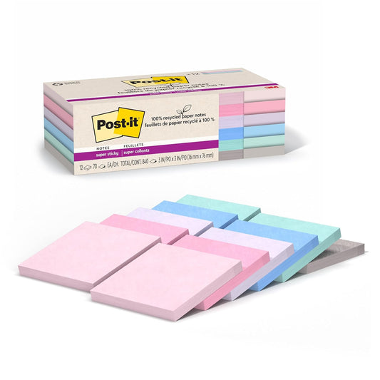 Post-it - Notas adhesivas de papel 100% reciclado, 3 pulgadas x 3 pulgadas, 12 almohadillas para orejas, 70 hojas por bloque, pasteles Wanderlust, suministros escolares y productos de oficina