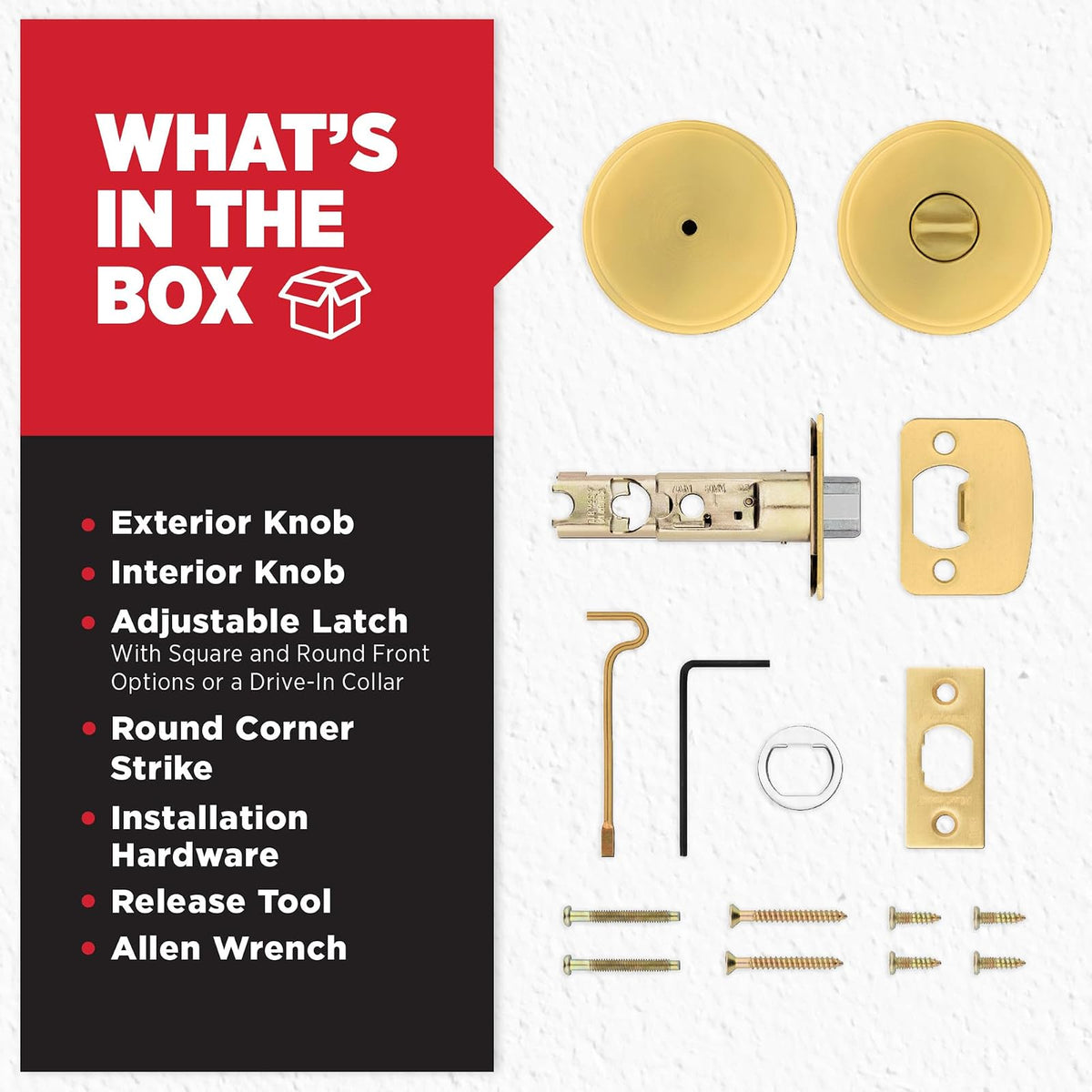 Kwikset Pismo - perilla de puerta de privacidad interior con cerradura, manija de puerta para baño y recámara, latón satinado, redondo, sin llave, protección Microban