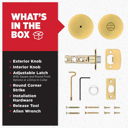 Kwikset Pismo - perilla de puerta de privacidad interior con cerradura, manija de puerta para baño y recámara, latón satinado, redondo, sin llave, protección Microban