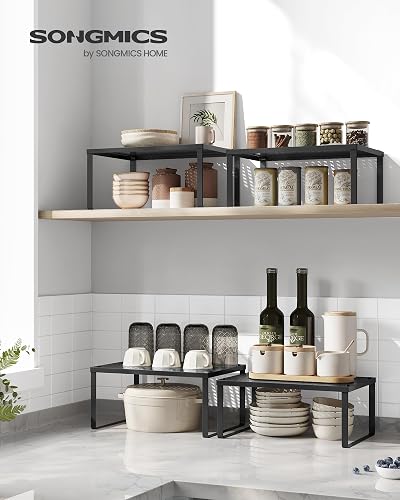SONGMICS Especiero, Estante para Especias, Organizador para Armarios, Apilable, Ampliable, Juego de 2 Estantes Metálicos, Negro Tinta MKCS001B01