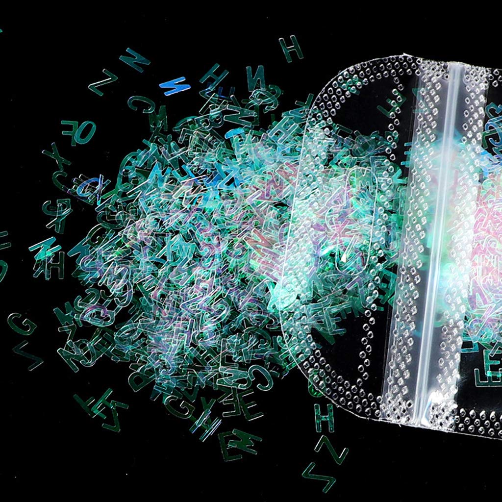 HELYZQ 5 Colores Alfabeto Letras holográficas Brillo Grueso Resina epoxi Lentejuelas 2g por
