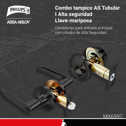 Phillips Combo Cerrojo/Manija Tampico Alta Seguridad LLave-Mariposa Negro