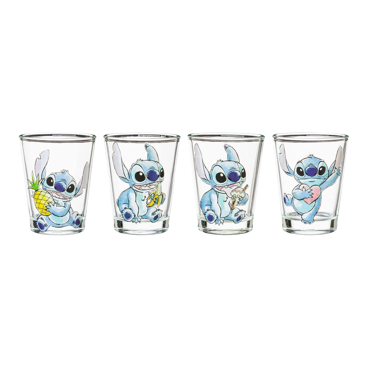 Silver Buffalo Disney Lilo and Stitch Poses con fruta, helado y corazón, paquete de 4 mini vasos, 1.5 onzas