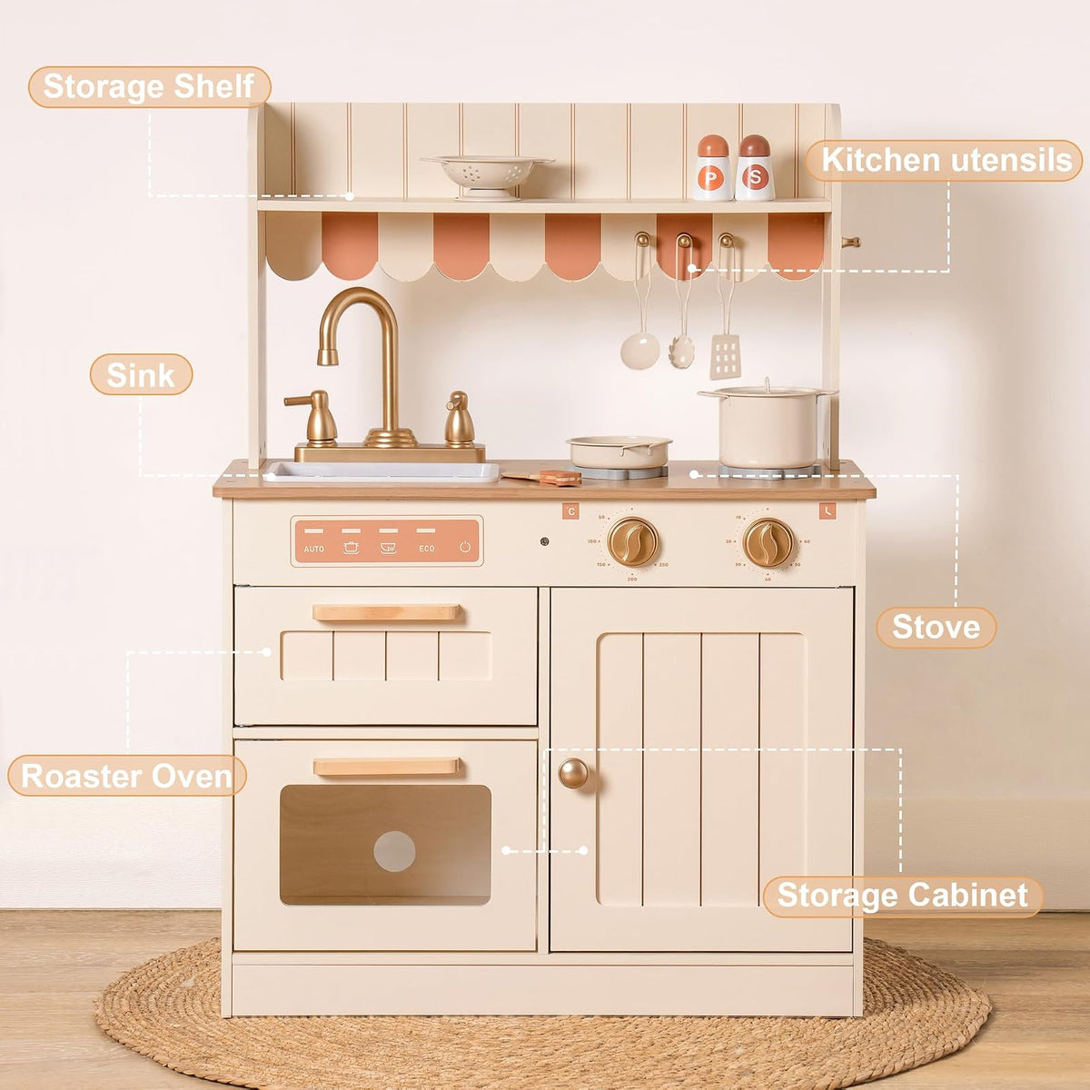 ROBOTIME Juego de Cocina para niños pequeños, Juego de Cocina de Madera con Juego de Alimentos de Corte, Juguetes de Regalo de Cocina para niños de más de 3 años, niñas y niños