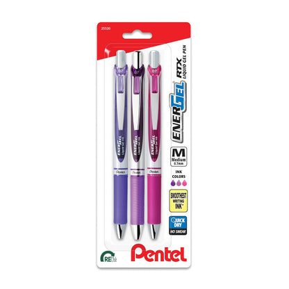 EnerGel RTX - Bolígrafo retráctil de gel líquido, tono pasión, 0,7 mm, tinta violeta surtida, paquete de 3 bolígrafos (BL77PASBP3M)