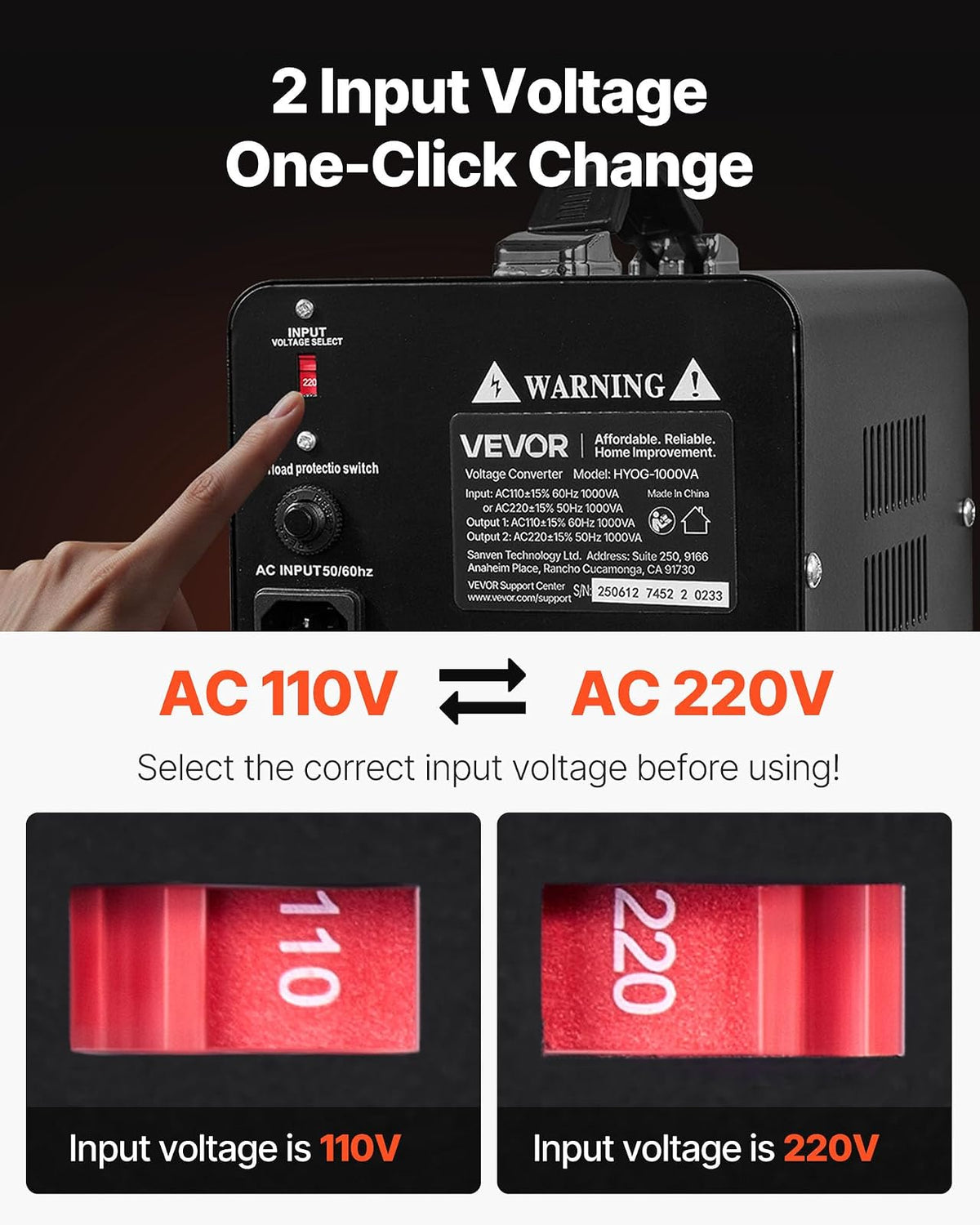 VEVOR Convertidor de Voltaje, 1000 VA, Transformador Elevador/Reductor, Convierte de 110 V a 220 V y de 220 V a 110 V, con Tomas de Corriente de EE. UU. y UE, Cable de Alimentación y Disyuntor