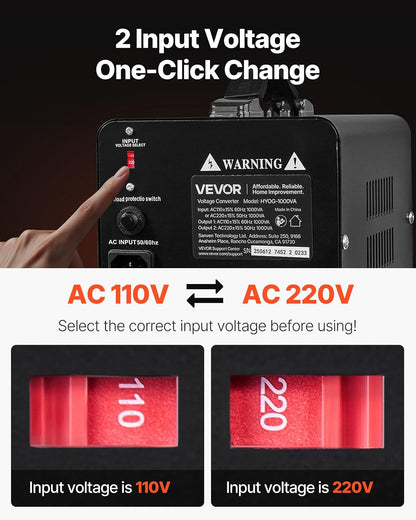 VEVOR Convertidor de Voltaje, 1000 VA, Transformador Elevador/Reductor, Convierte de 110 V a 220 V y de 220 V a 110 V, con Tomas de Corriente de EE. UU. y UE, Cable de Alimentación y Disyuntor