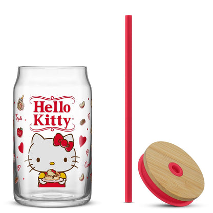 JoyJolt Sanrio - Vaso de vidrio con sabor favorito de Hello Kitty and Friends con tapa de bambú y popote, a prueba de fugas, taza transparente de 16 onzas con forma de lata de soda con Hello Kitty