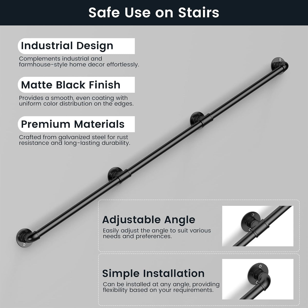 Pasamanos de escalera de tubería industrial, de metal para montaje en pared para escalones interiores y exteriores, hierro galvanizado negro, estilo clásico de granja, soporte resistente