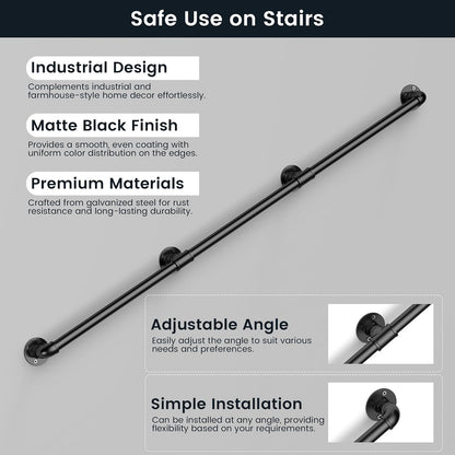 Pasamanos de escalera de tubería industrial, de metal para montaje en pared para escalones interiores y exteriores, hierro galvanizado negro, estilo clásico de granja, soporte resistente