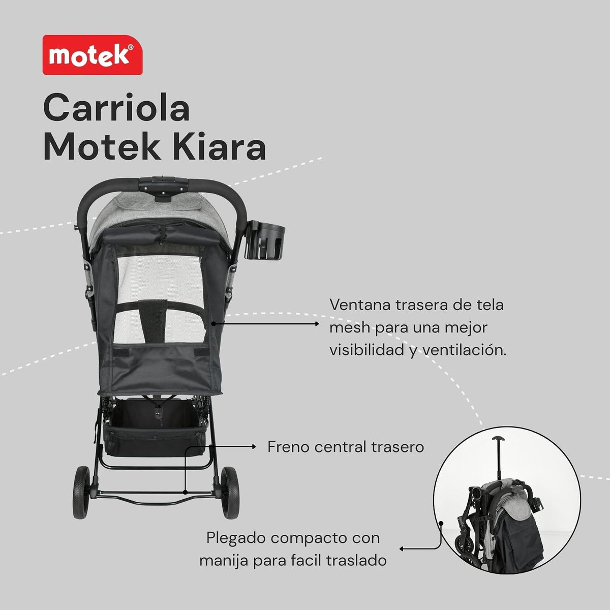 Motek Carriola Ligera de Viaje Kiara, Plegado a una Mano, Reclinado de 175°, Diseño Compacto Tipo Maleta con Manija de Transporte, Gris