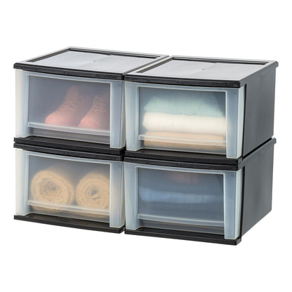 IRIS USA 16 L Cajón Apilable de Plástico Mediano, Paquete de 4, Organizadora con Cajón Deslizante para Cocina, Bajo Fregadero, Despensa, Cuarto de Manualidades, Dormitorio, Oficina, Negro