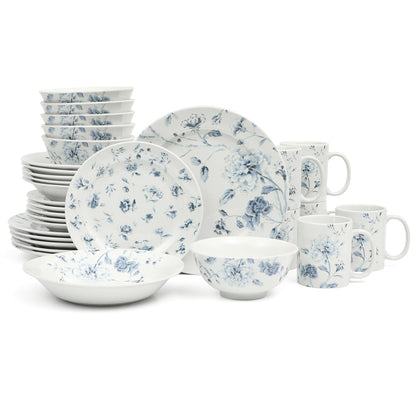 Martha Stewart Empress Bouquet - Juego de platos y cuencos de porcelana decorados - Floral azul, servicio para 6 (30 piezas)